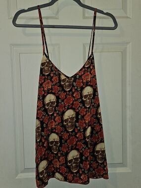 Skull and Rose Spaghetti Strap Cami - Black, Red, Cream